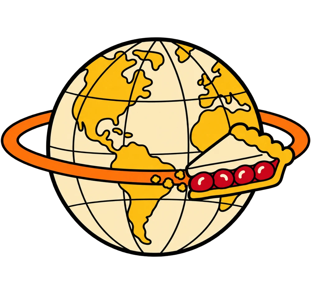 A globe with a slice of pie orbiting it