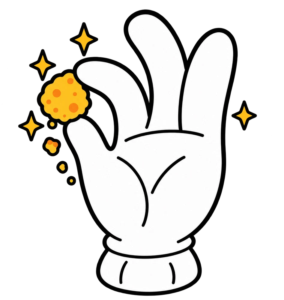 A gloved hand holding a single crumb