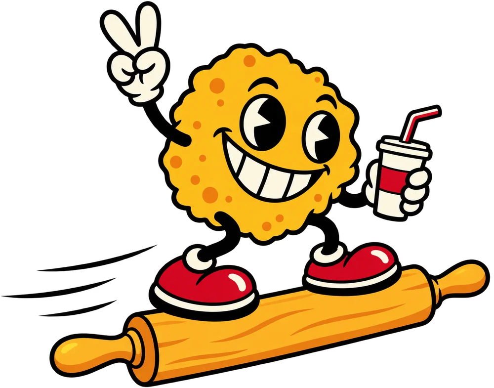 A crumb character riding a rolling pin