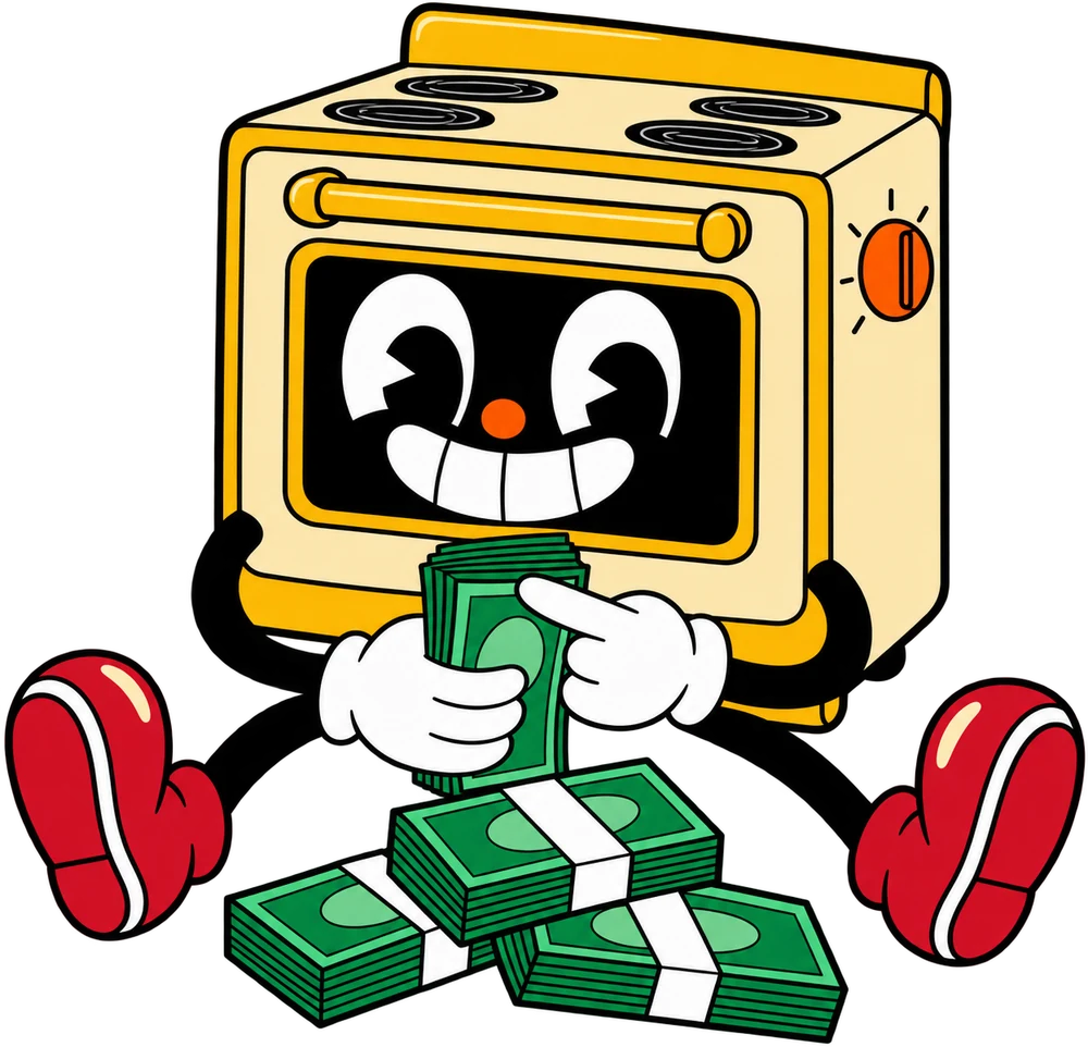 An oven character counting cash