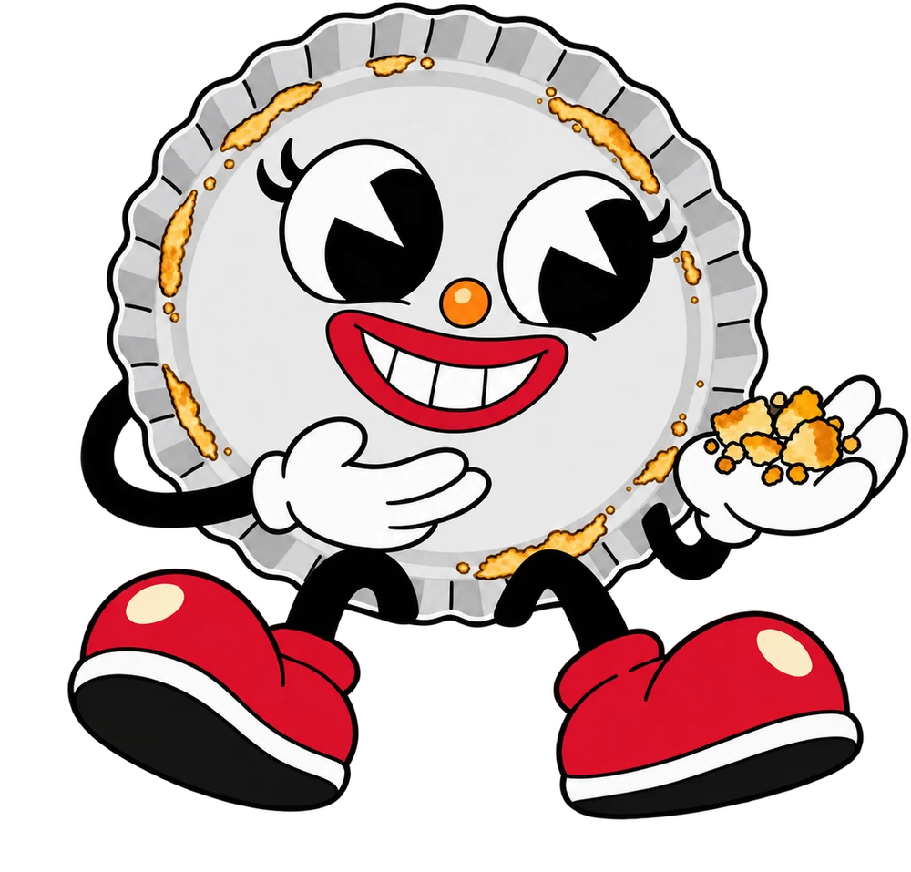 A pie tin character holding a handful of crumbs